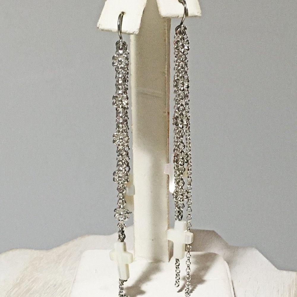 AUTHENTIC BLOOM NYC STAINLESS STEEL FLORAL & MOP CROSS DESIGN LONG EARRINGS 3.5"